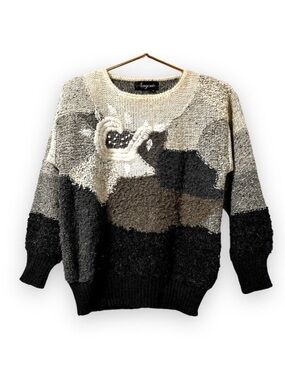 Vintage 80s Angenie Wool Blend Sweater Cream Gray Mixed Media Women’s Size Small